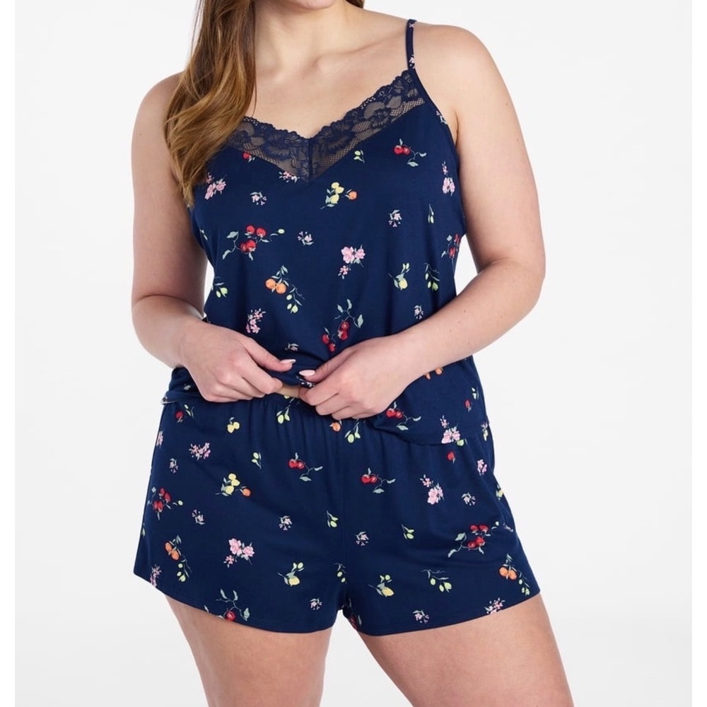 Joyspun Pajama Set Women 3X Navy Fruit Floral Lace Cami Top Shorts‎ 2pc NEW